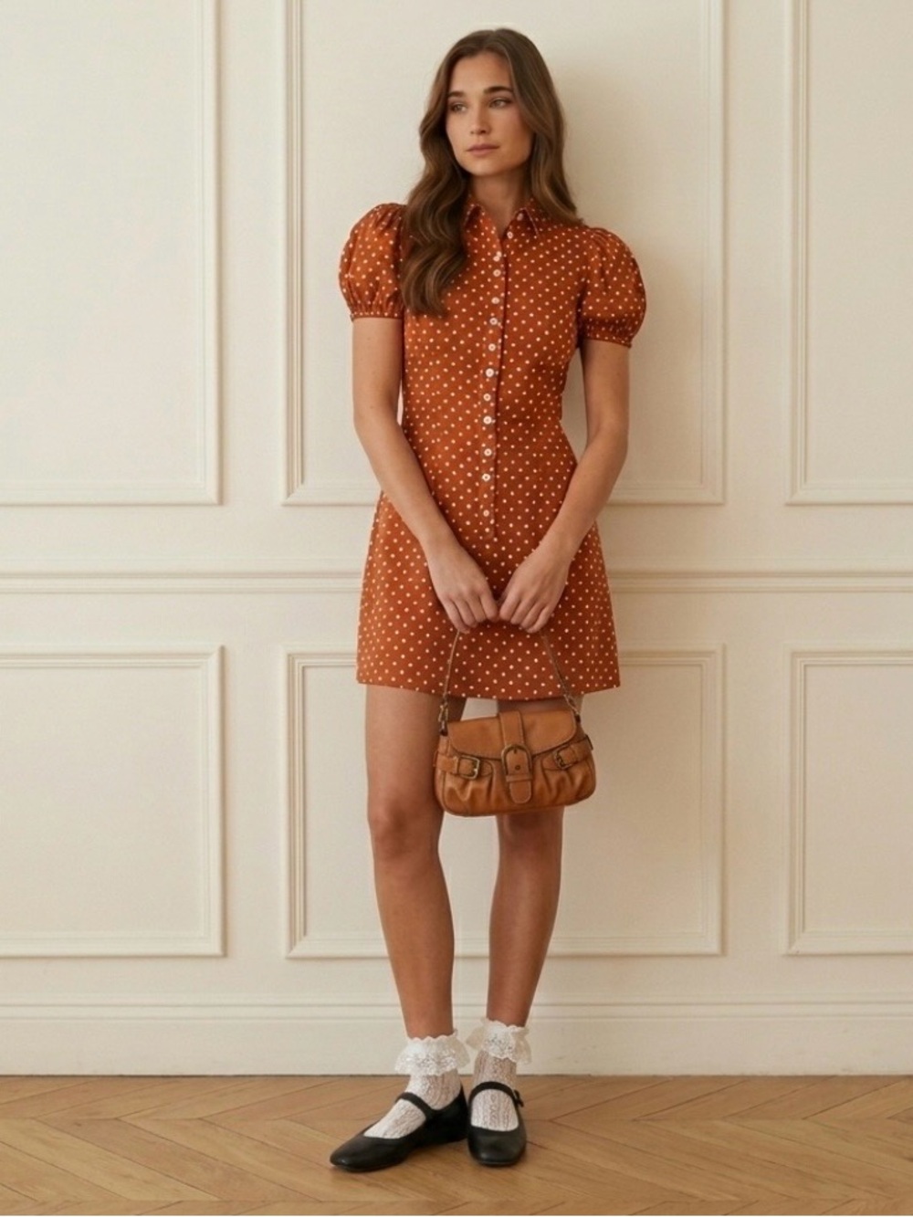 NWT WeWoreWhat Elle Polka Dot Puff Sleeve Mini Dress Rust White Medium